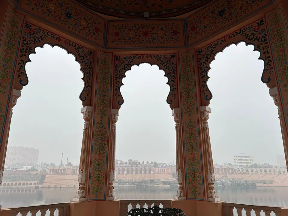 Carved pavilion arches framing the Chambal River Front in Kota