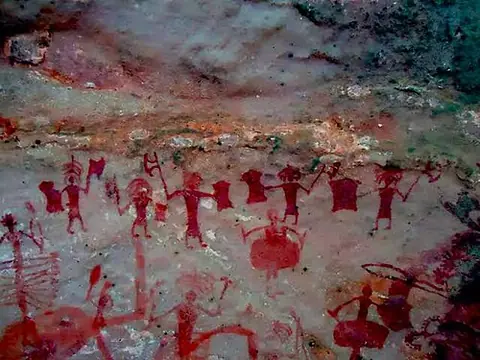 Red ochre rock paintings of human figures from the Chambal valley